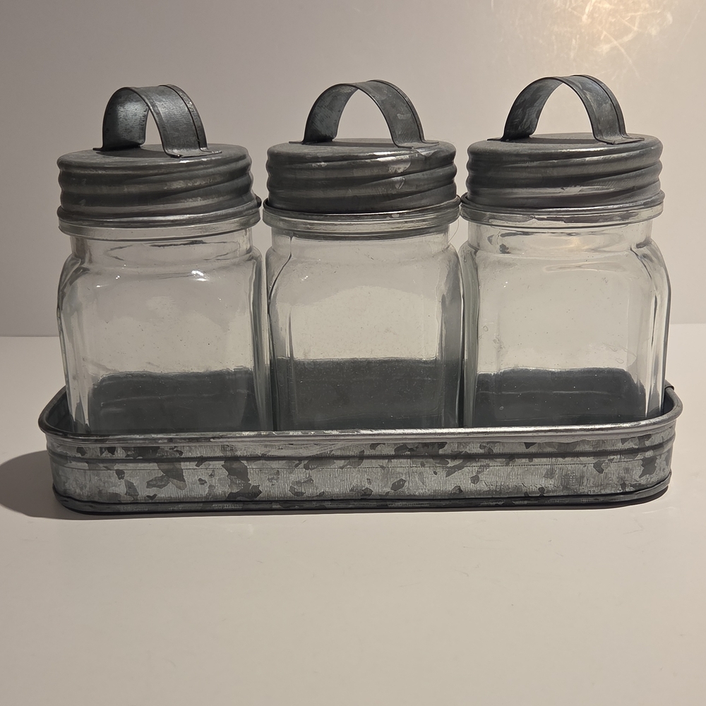 Farmhouse Country Galvanized Metal and Glass 3-Jar W/Tray Countertop Organizer